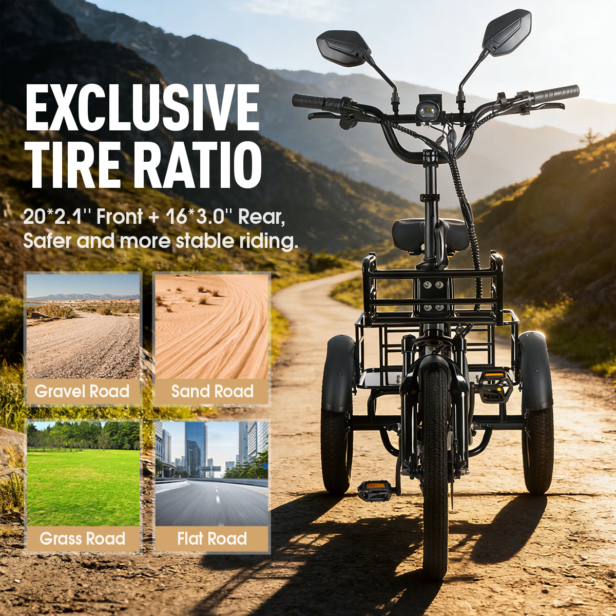 AG1 Pro Electric Tricycle, foldable electric bike for adults, 48 V 20 Ah battery, 3-wheel electric bike with a range of 100 km