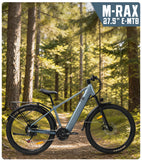 cysum M-RAX, an electric mountain bike with a 48 V, 13 Ah battery, 27.5x2.35-inch wide tires, 68 Nm of torque, a removable battery, and an integrated display.