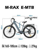 cysum M-RAX, an electric mountain bike with a 48 V, 13 Ah battery, 27.5x2.35-inch wide tires, 68 Nm of torque, a removable battery, and an integrated display.